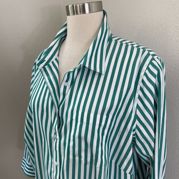 Lands End Womens Plus 18W No Iron Supima Cotton Green White Striped Shirt Blouse - Picture 2 of 10